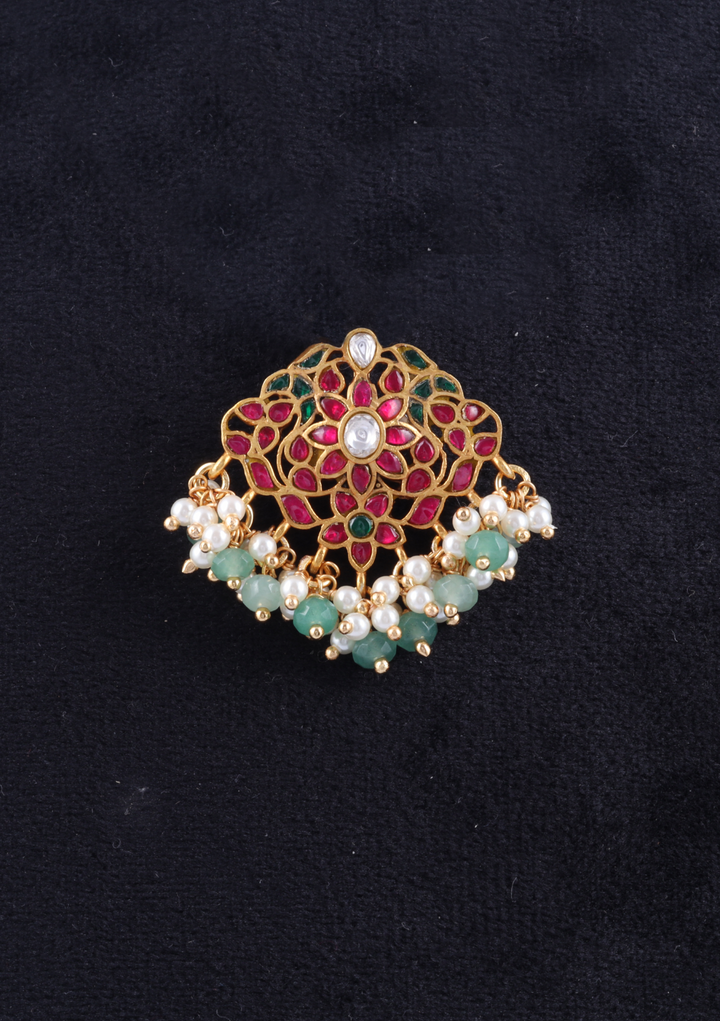 Pretty Small Jadau Kundan Pendant with Pearl and Green Hanging Beads