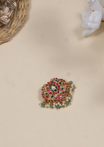 Classic Designer Motifs Peacock Jadau Kundan Pendant with Pearl and Green Beads Hangings