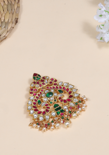 Classic Audrey Jadau Kundan Pendant with Pearl Hangings
