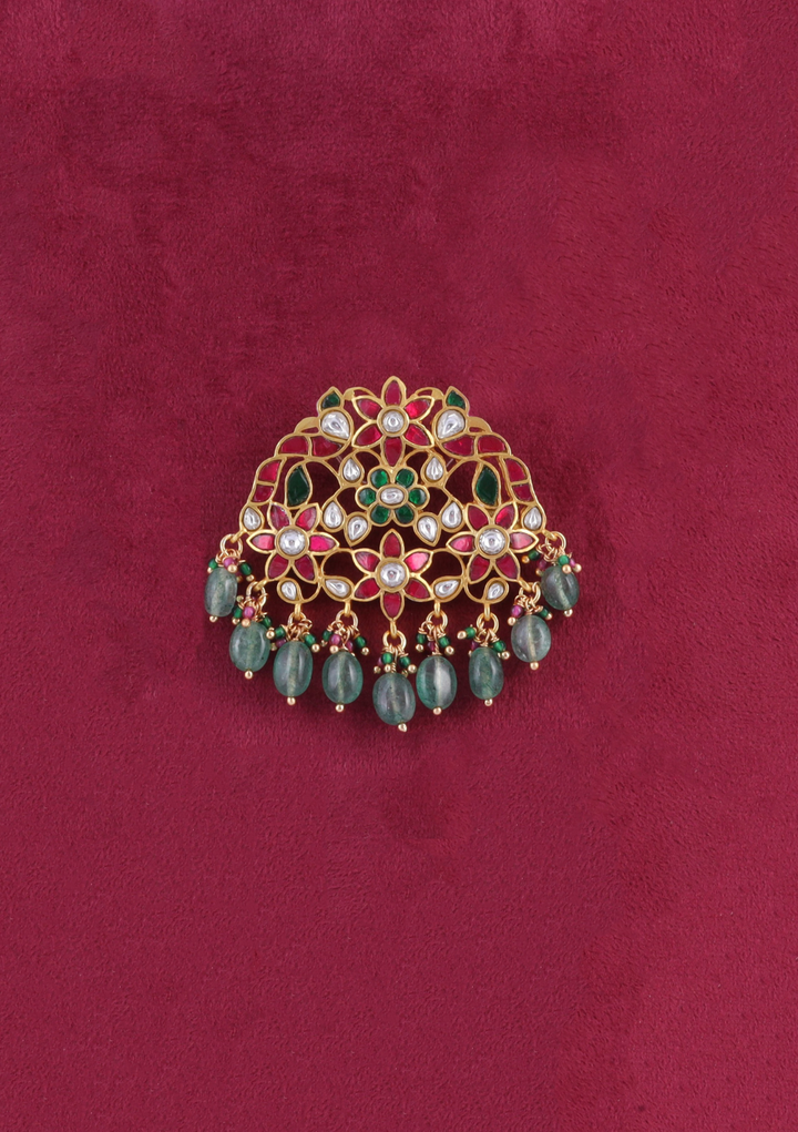 Alluring Peacock Motifs Designer Jadau Kundan Pendant with Green Emerald Hangings