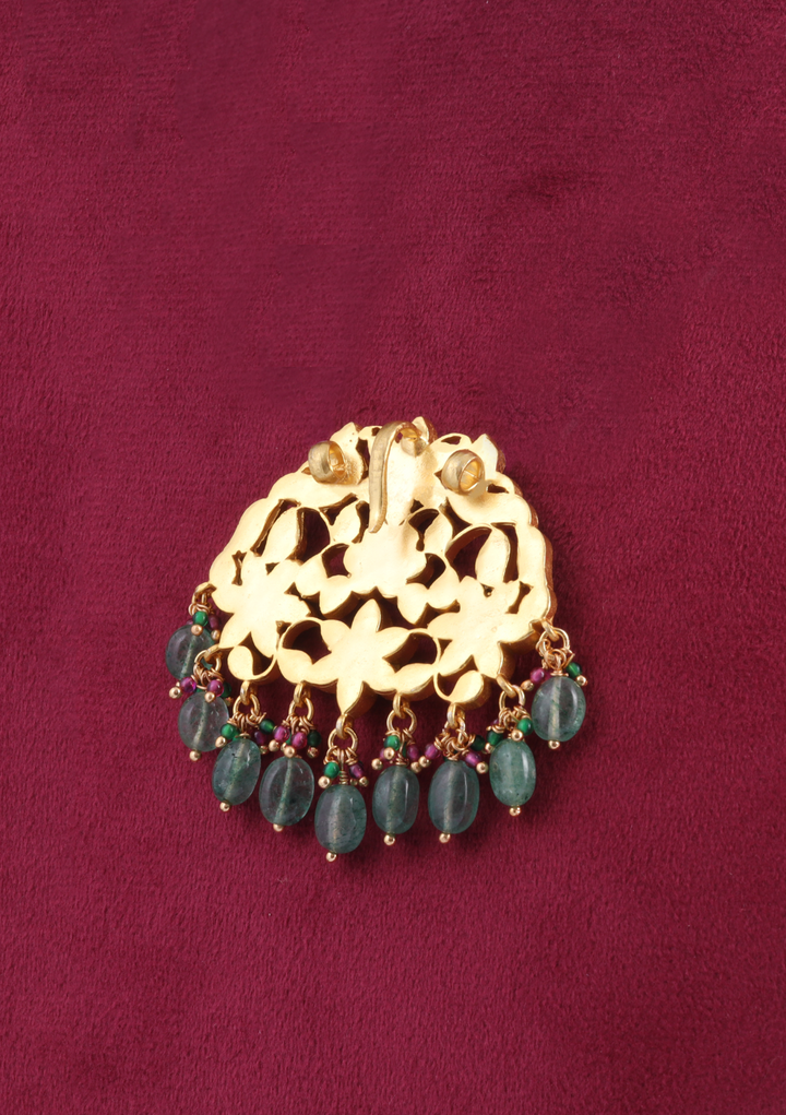 Alluring Peacock Motifs Designer Jadau Kundan Pendant with Green Emerald Hangings