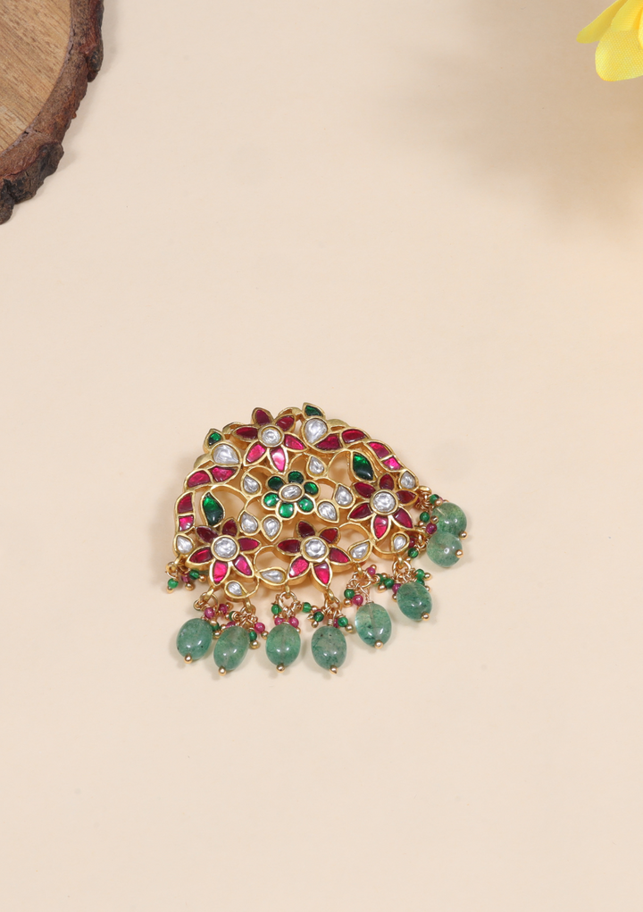 Alluring Peacock Motifs Designer Jadau Kundan Pendant with Green Emerald Hangings