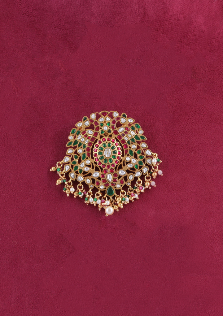 Adorable Jadau Kundan Designer Pendant with Pearl and Colour Stone Hangings