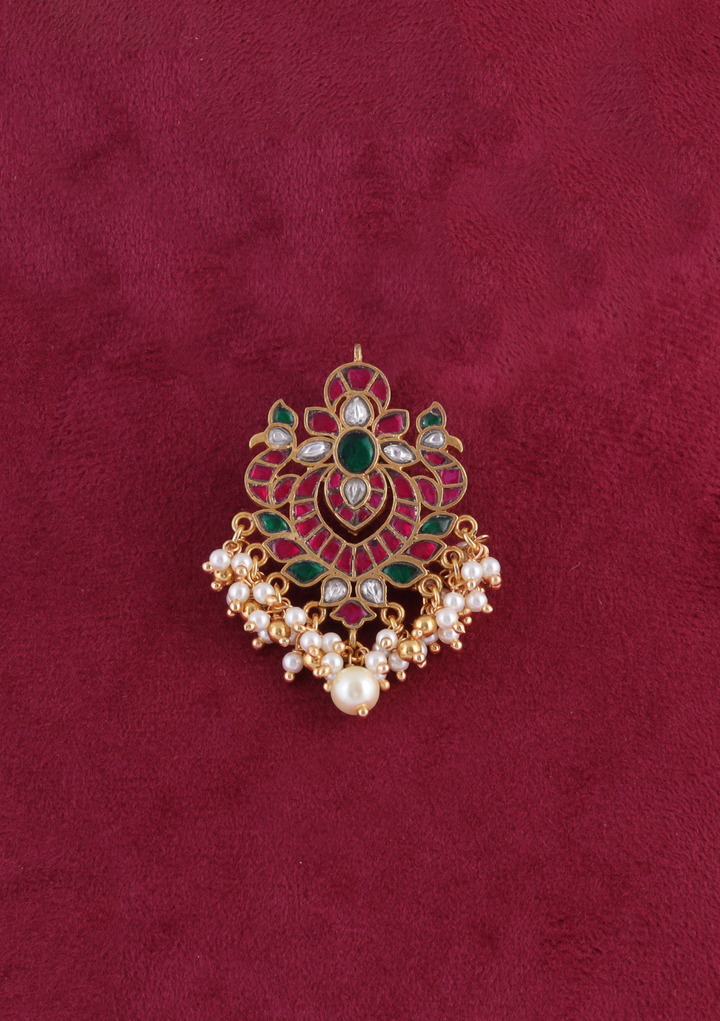 Endearing Jadau Kundan Pendant with Pearl and Green Beads Hangings