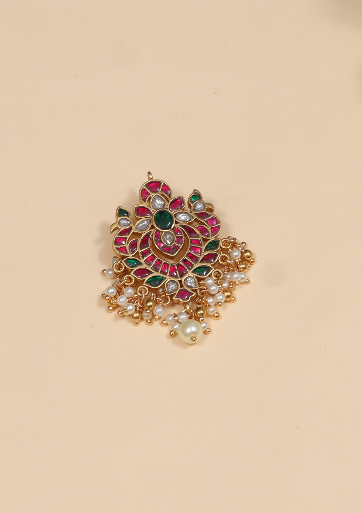 Endearing Jadau Kundan Pendant with Pearl and Green Beads Hangings