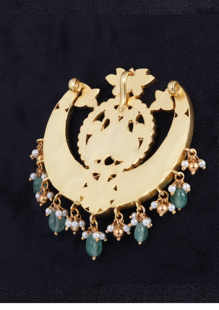 Beautiful Classic Designer Jadau Kundan Pendant with Pearl and Green Beads Hangings
