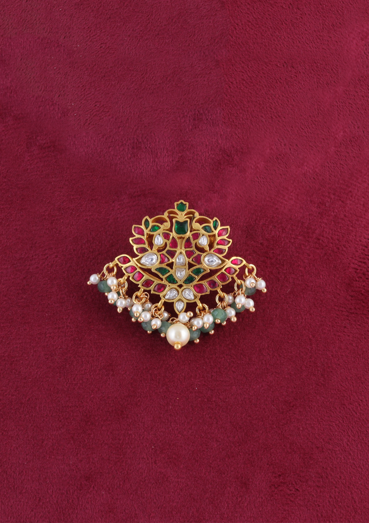 Desirable Jadau Kundan Pendant with Pearl and Green Beads Hangings
