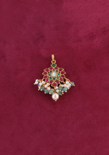 Pretty Small Jadau Kundan Pendant with Pearl and Green Beads Hangings