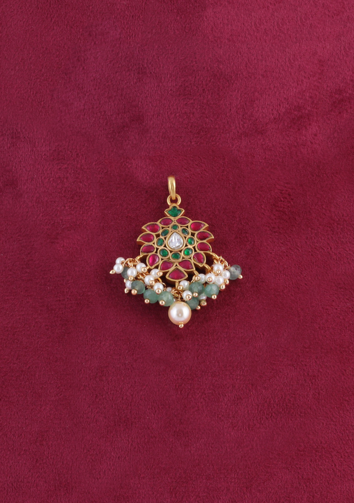 Pretty Small Jadau Kundan Pendant with Pearl and Green Beads Hangings