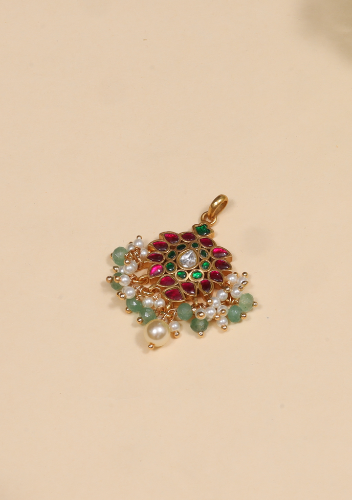 Pretty Small Jadau Kundan Pendant with Pearl and Green Beads Hangings