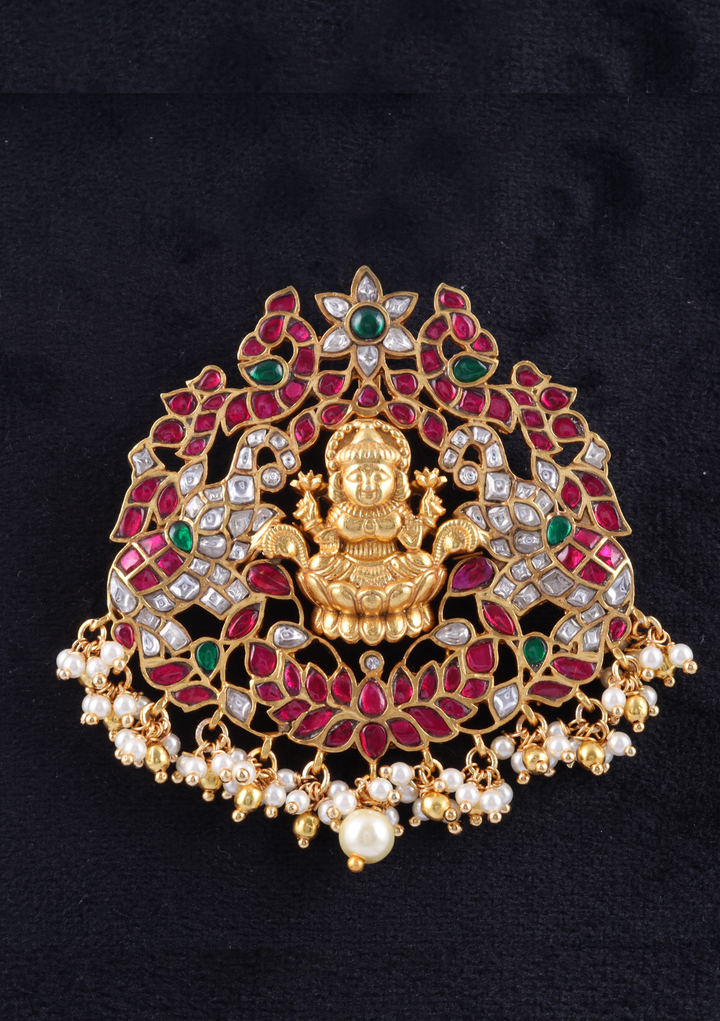 Beautiful Lakshmi Goddess Peacock Jadau Kundan Pendant with Pearl Hangings