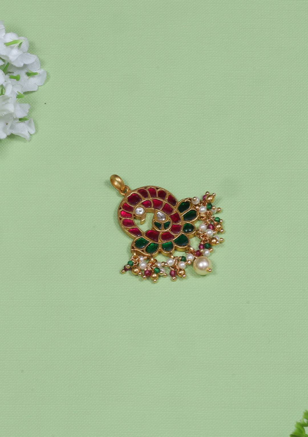 Simple Peacock Motif Jadau Kundan Pendant with Pearl and Colour Stone Beads Hangings