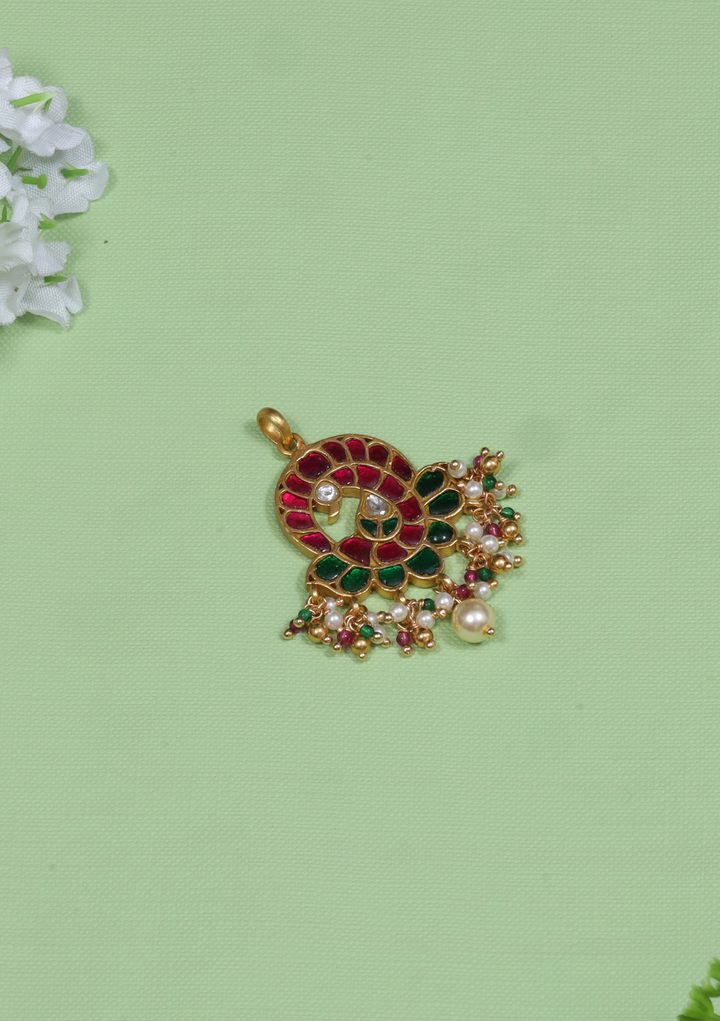 Simple Peacock Motif Jadau Kundan Pendant with Pearl and Colour Stone Beads Hangings
