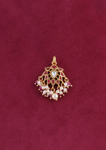 Ruby Jadau Kundan Pendant with Pearl and Ruby Beads Hangings