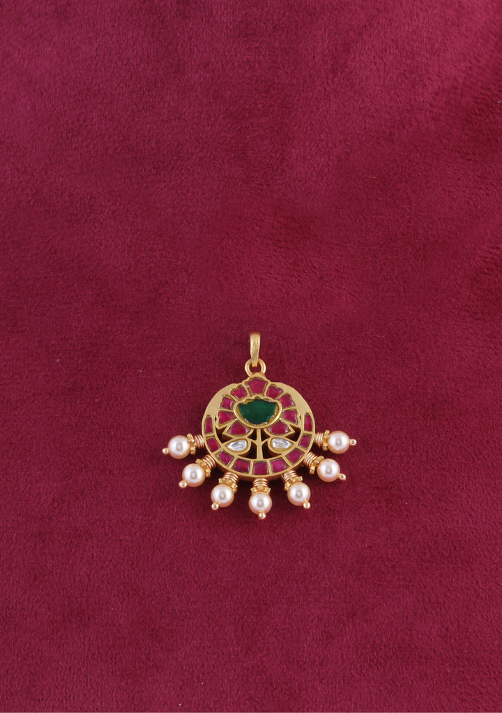 Classic Ruby Jadau Kundan Designer Pendant with Pearls