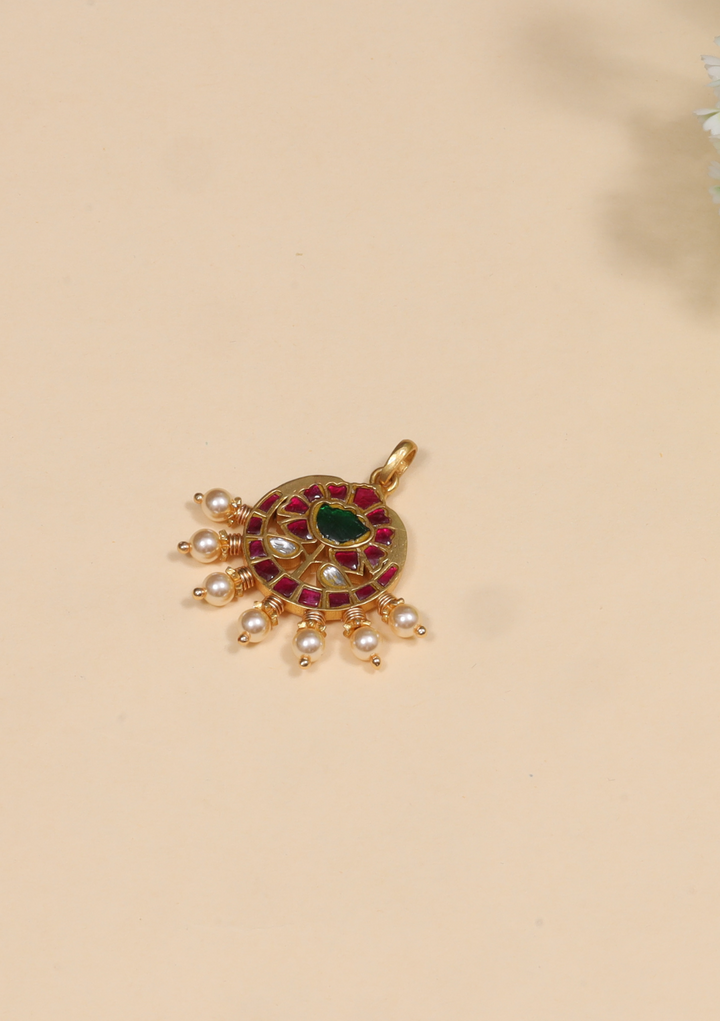 Classic Ruby Jadau Kundan Designer Pendant with Pearls