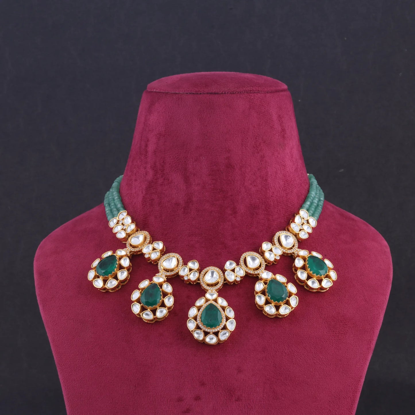 Beautiful Green Emerald Moissanite Polki Necklace Earring Set