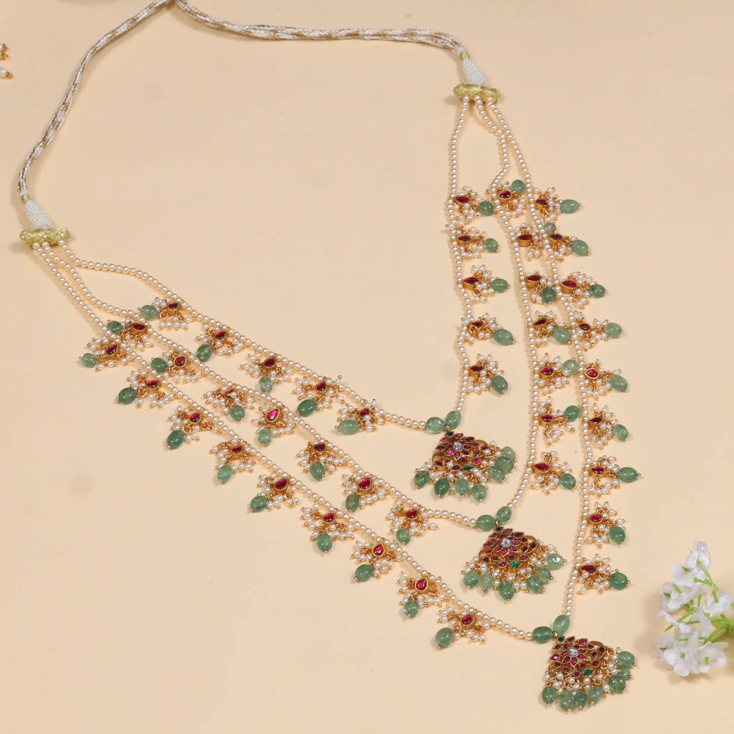 Stylish and Beautiful Layered Jadau Kundan Necklace with Green Emerald Hangings