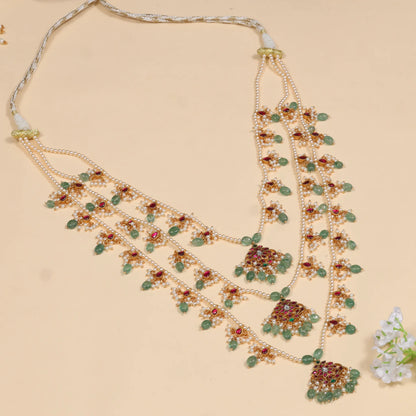 Stylish and Beautiful Layered Jadau Kundan Necklace with Green Emerald Hangings