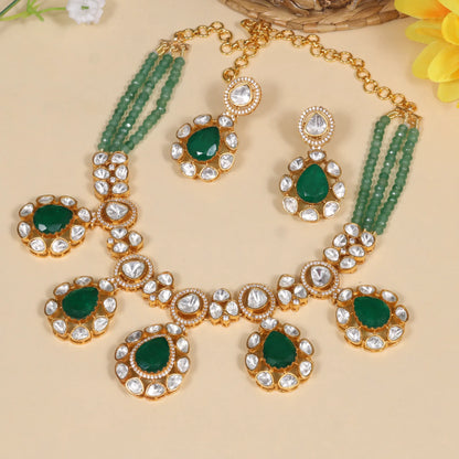 Beautiful Green Emerald Moissanite Polki Necklace Earring Set