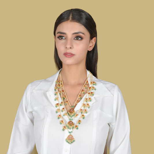 Stylish and Beautiful Layered Jadau Kundan Necklace with Green Emerald Hangings