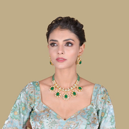 Beautiful Green Emerald Moissanite Polki Necklace Earring Set