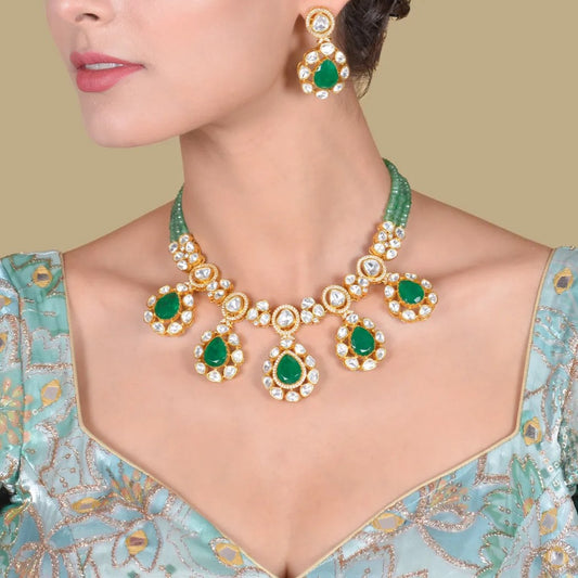 Beautiful Green Emerald Moissanite Polki Necklace Earring Set