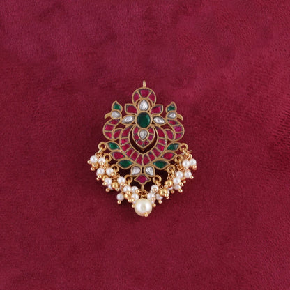 Endearing Jadau Kundan Pendant with Pearl and Green Beads Hangings