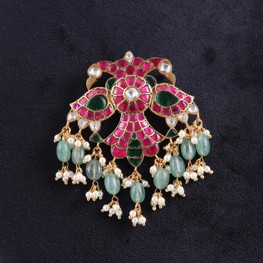 Charming Garuda Designer Jadau Kundan Pendant with Pearl and Green Beads Hangings