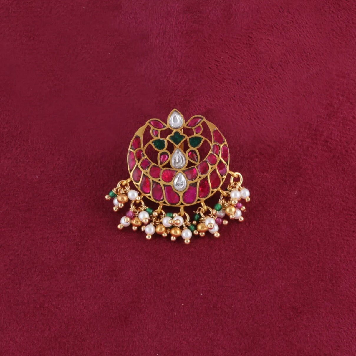 Engaging Designer Jadau Kundan Pendant with Pearl Hangings