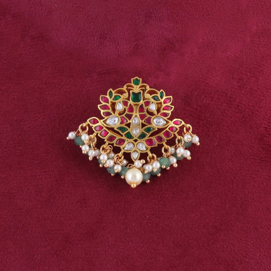 Desirable Jadau Kundan Pendant with Pearl and Green Beads Hangings