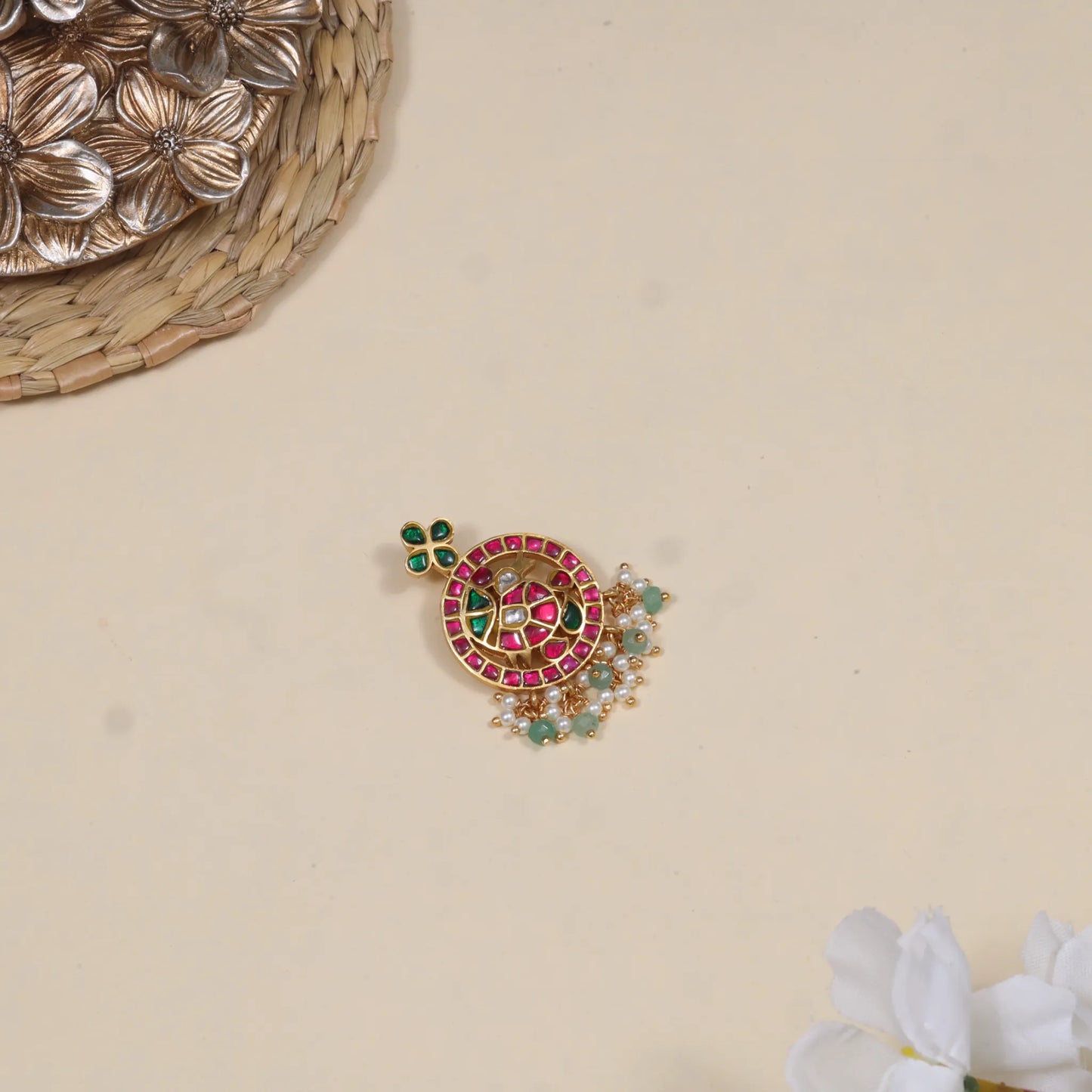 Classic Round Jadau Kundan Designer Pendant with Pearl and Green Beads Hangings