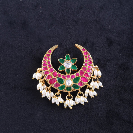 Classic Crescent Moon Designer Jadau Kundan Pendant with Rice Pearl Hangings