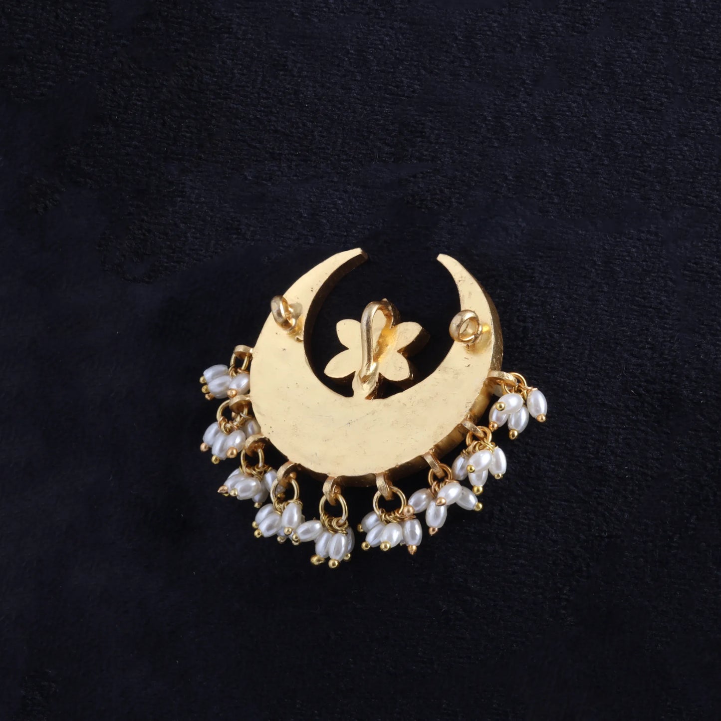 Classic Crescent Moon Designer Jadau Kundan Pendant with Rice Pearl Hangings