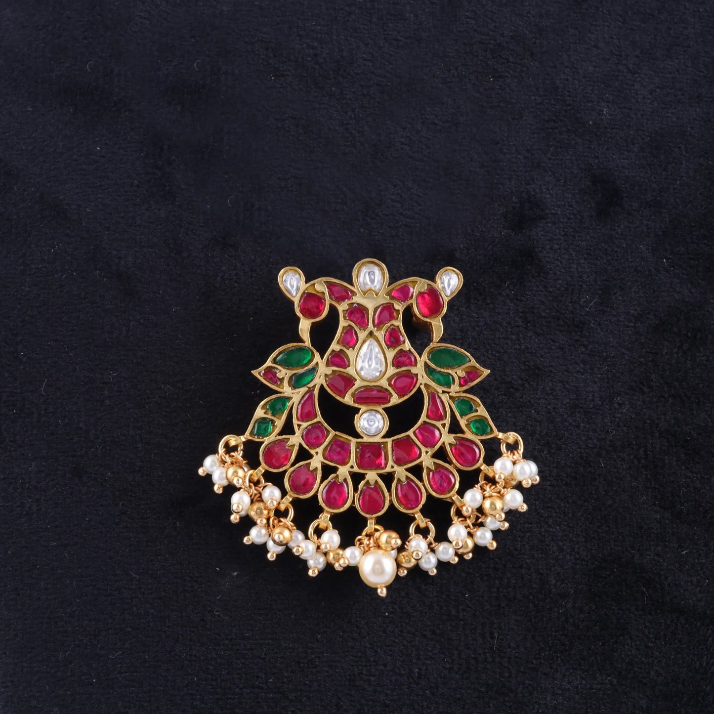 Classic Ruby and Emerald Jadau Kundan Pendant with Pearl Hangings