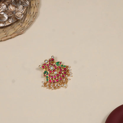 Classic Ruby and Emerald Jadau Kundan Pendant with Pearl Hangings