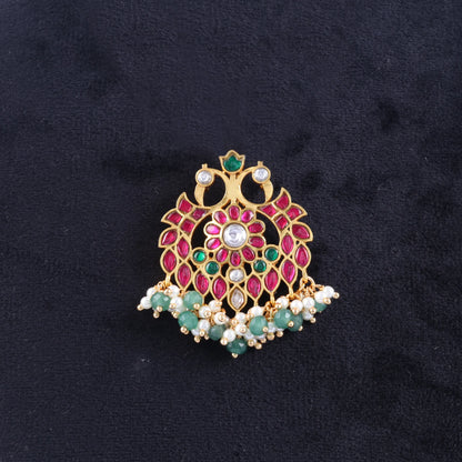 Unique and Beautiful Designer Jadau Kundan Pendant with Pearl and Green Beads Hangings