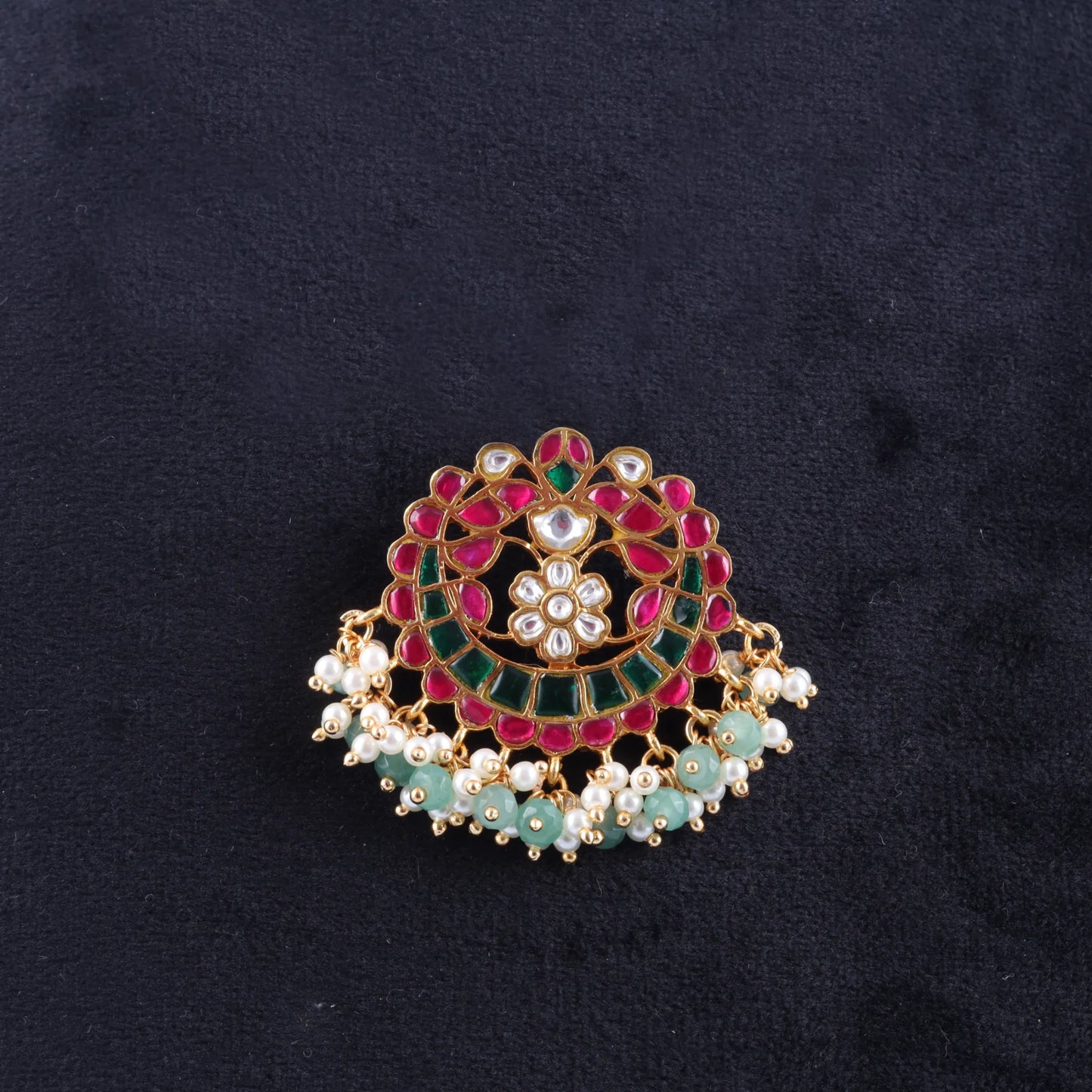 Simple and Beautiful Jadau Kundan Pendant with Pearl and Green Beads Hangings