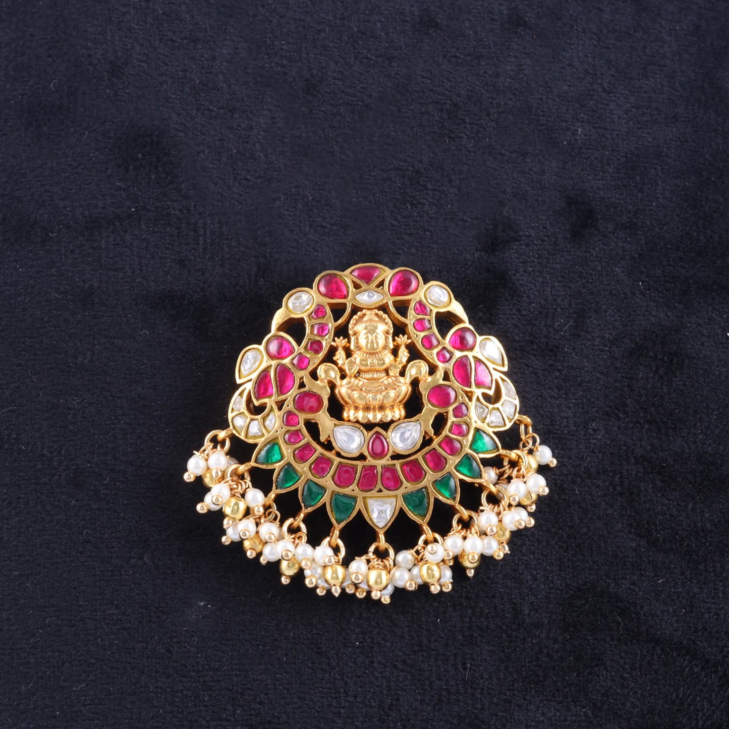 Goddess Lakshmi Peacock Jadau Kundan Pendant with Pearl Beads Hangings