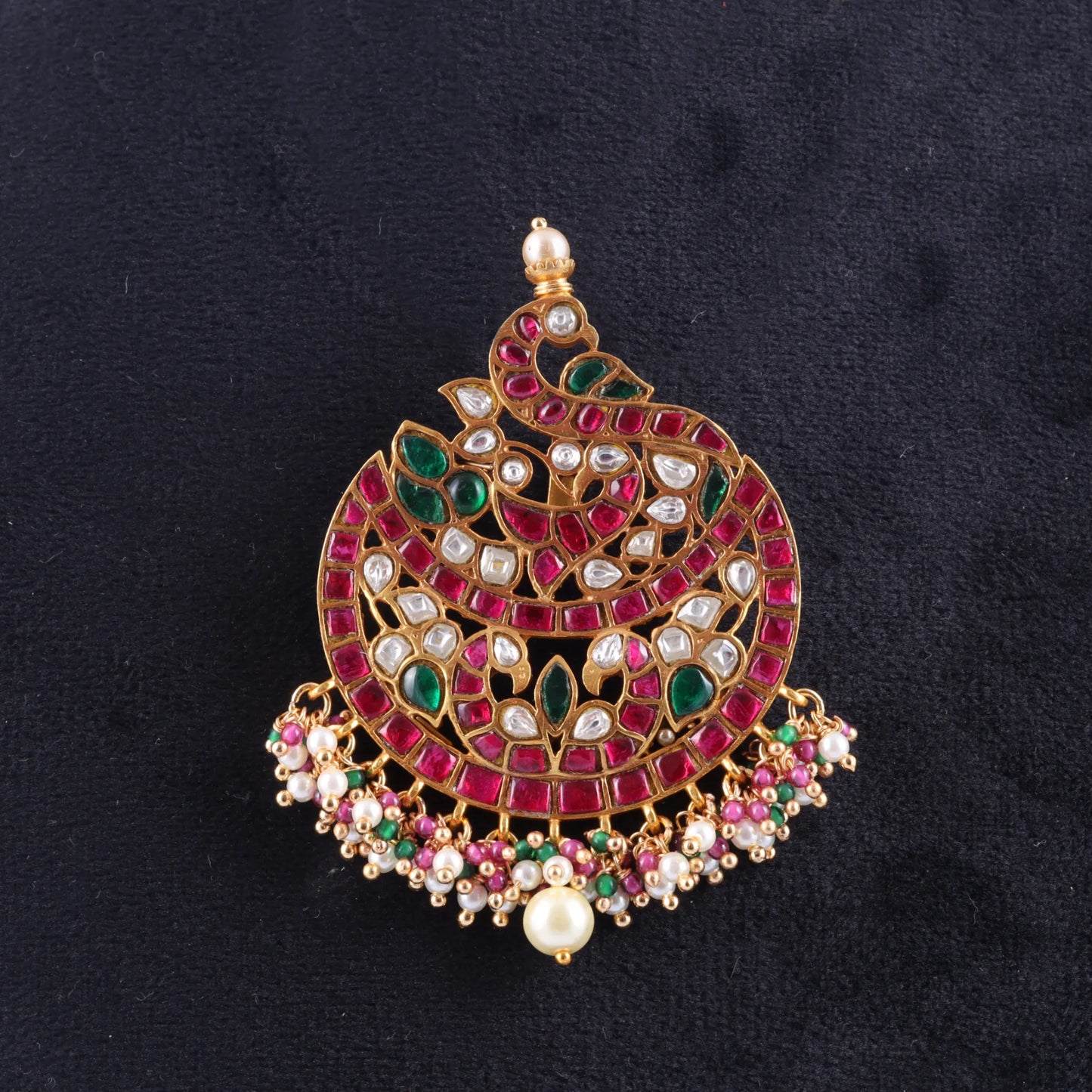 Stylish Classic Peacock Jadau Kundan Pendant with Pearl and Colour Stone Hangings