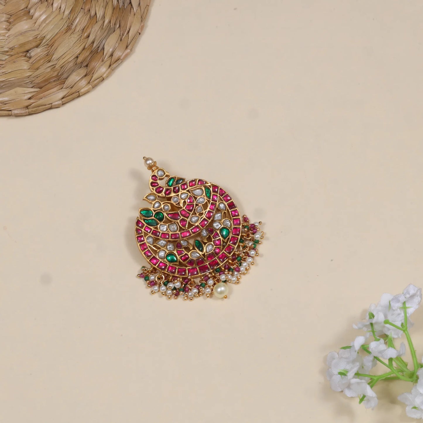 Stylish Classic Peacock Jadau Kundan Pendant with Pearl and Colour Stone Hangings