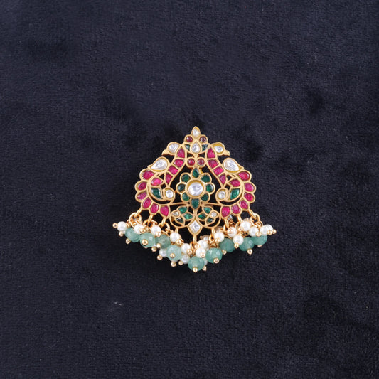 Classic Dual Peacock Designer Jadau Kundan Pendant with Pearl and Green Beads Hangings