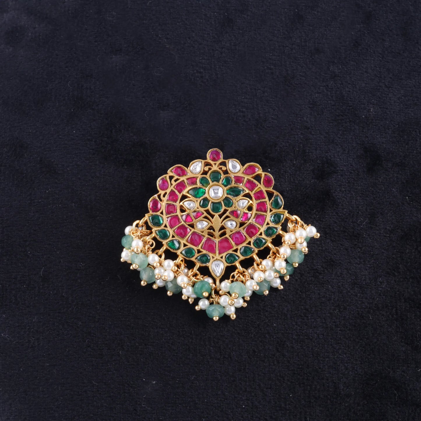 Stunning Jadau Kundan Designer Pendant with Pearl and Green Beads Hangings