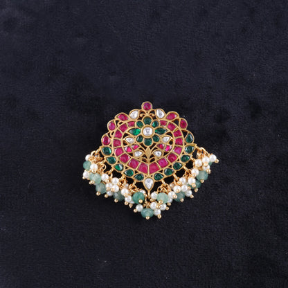 Stunning Jadau Kundan Designer Pendant with Pearl and Green Beads Hangings