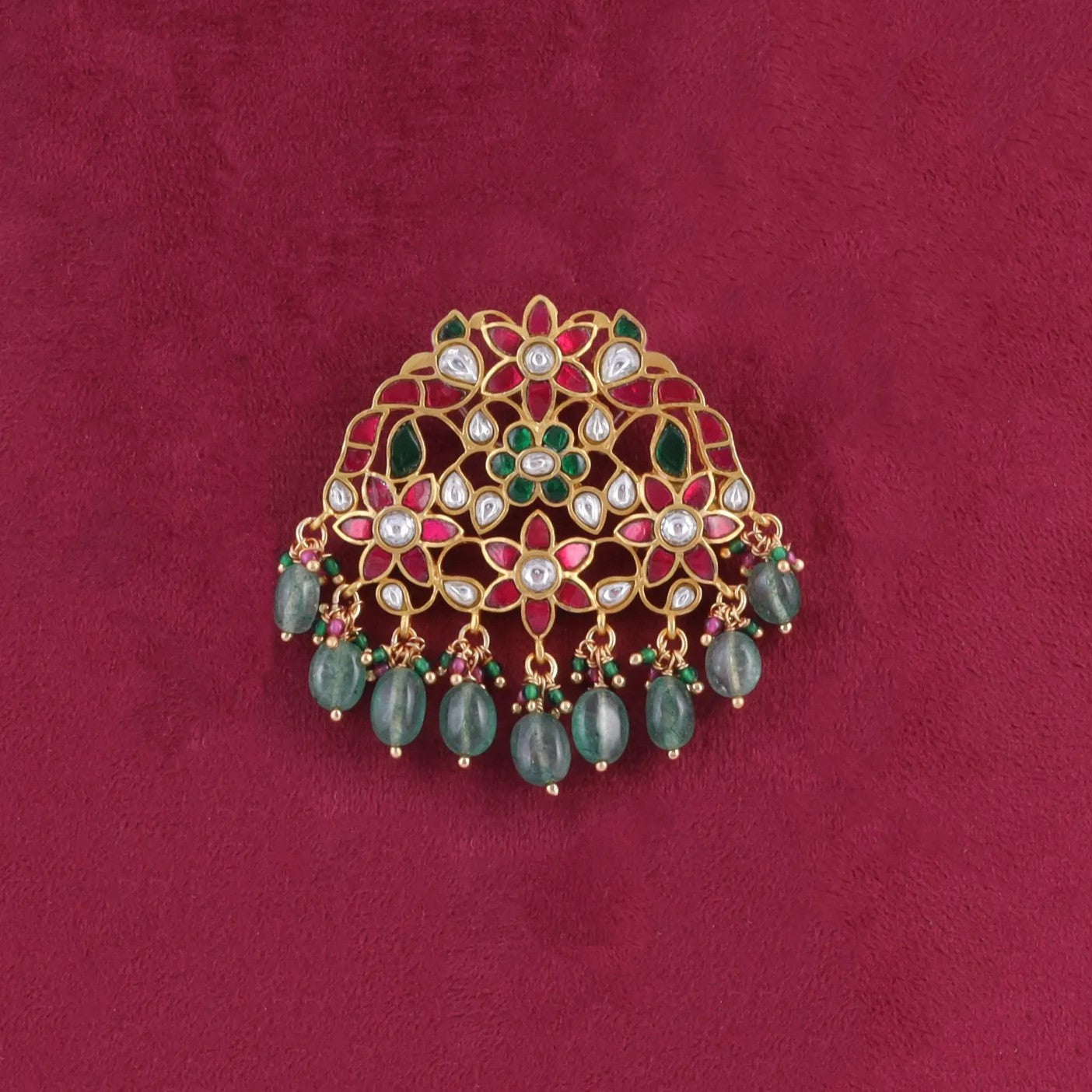 Alluring Peacock Motifs Designer Jadau Kundan Pendant with Green Emerald Hangings