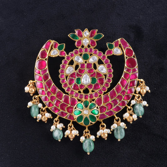 Beautiful Classic Designer Jadau Kundan Pendant with Pearl and Green Beads Hangings