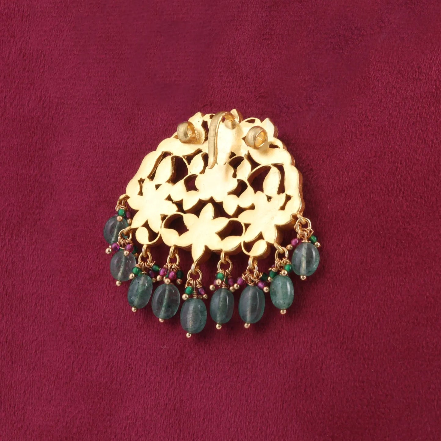 Alluring Peacock Motifs Designer Jadau Kundan Pendant with Green Emerald Hangings