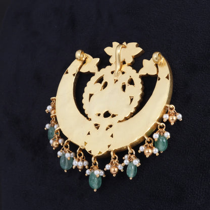 Beautiful Classic Designer Jadau Kundan Pendant with Pearl and Green Beads Hangings