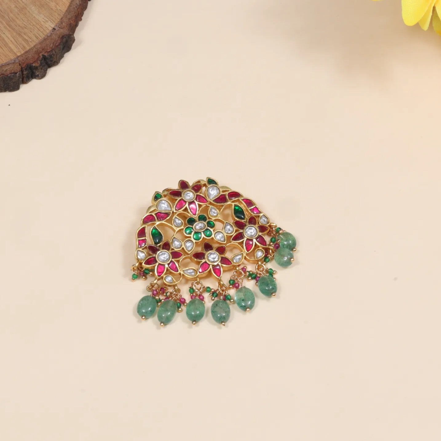 Alluring Peacock Motifs Designer Jadau Kundan Pendant with Green Emerald Hangings