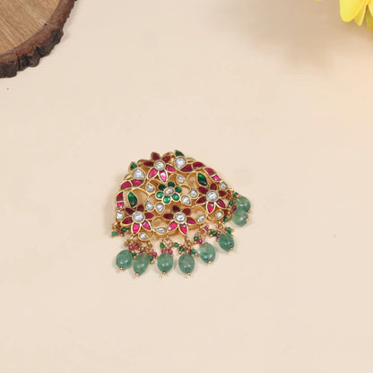 Alluring Peacock Motifs Designer Jadau Kundan Pendant with Green Emerald Hangings